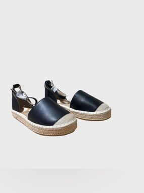 Women's Black Espadrille Platform Flats with Ankle Strap